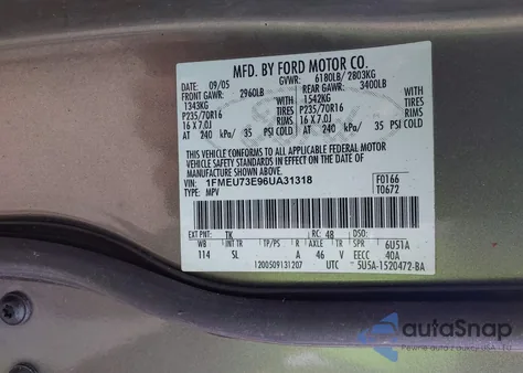 2006 Ford Explorer Xlt из США, поврежденный, VIN 1FMEU73E96UA31318